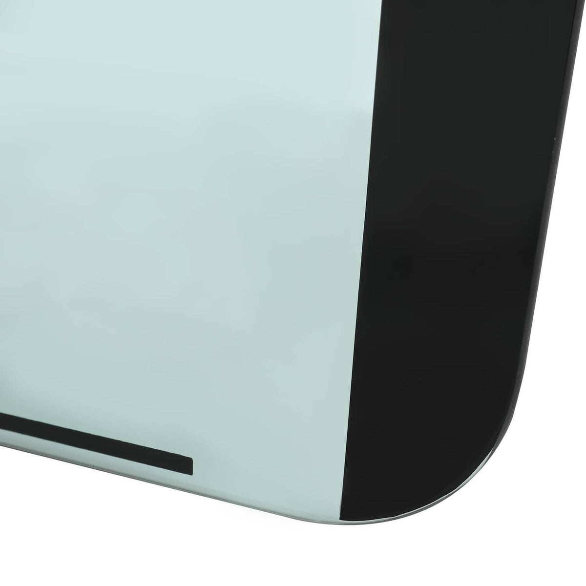 Curved front door window glass corner, light blue tint with black frame edge