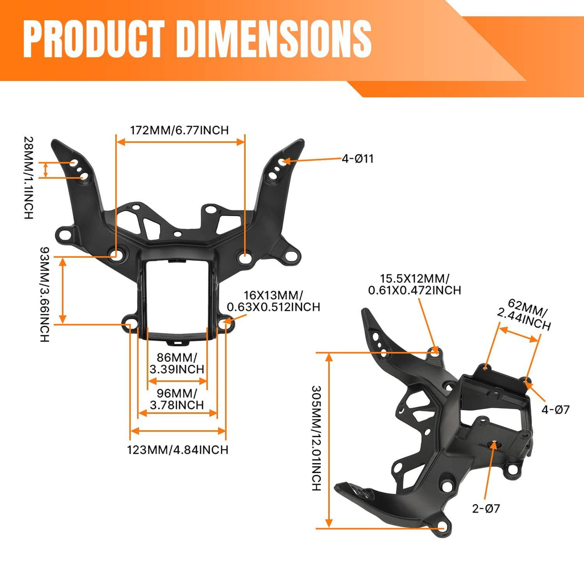 Motorcycle fairing stay bracket dimensions diagram, black bracket shape with measurement callouts