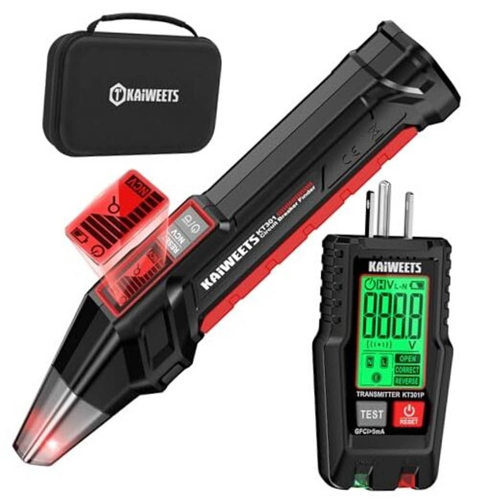Circuit breaker finder tool with LCD display and black case, red backlit sensor