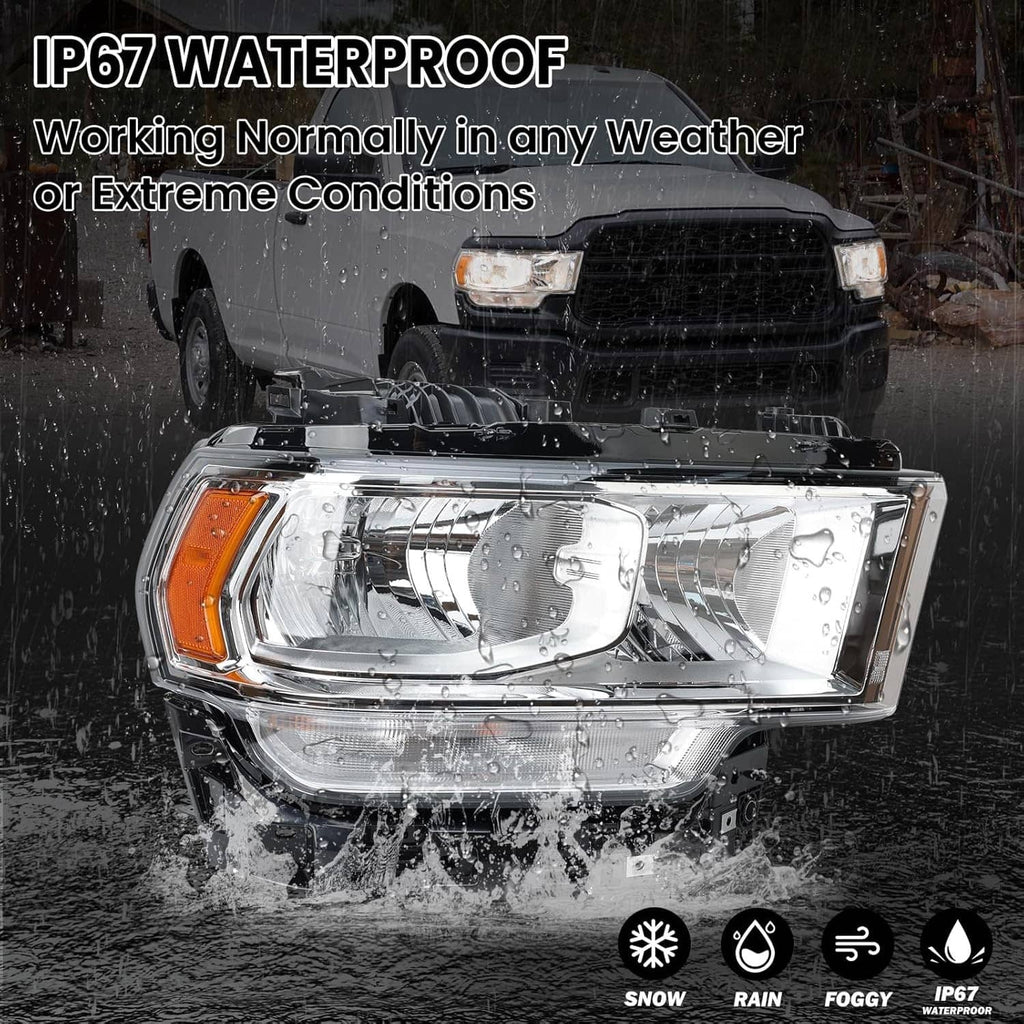 IP67-rated waterproof right halogen headlight assembly with chrome housing and clear lens