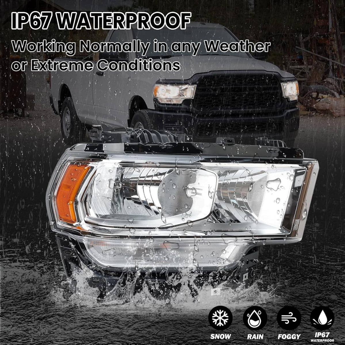 IP67-rated waterproof right halogen headlight assembly with chrome housing and clear lens