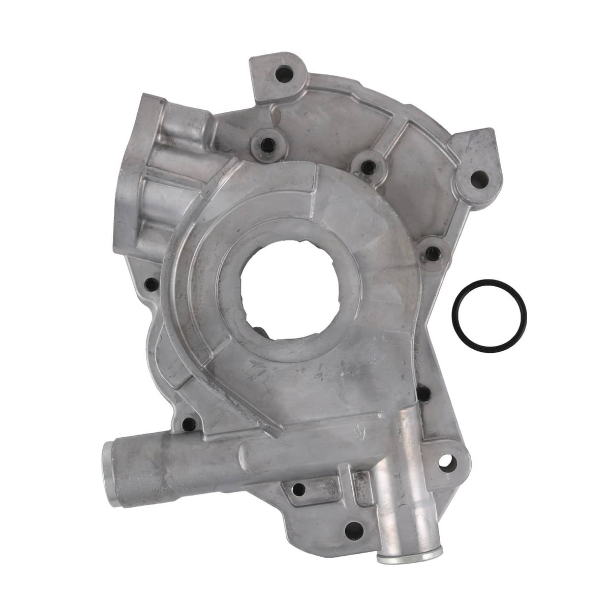 Engine oil pump housing with side inlet tube, circular center bore, and black gasket ring