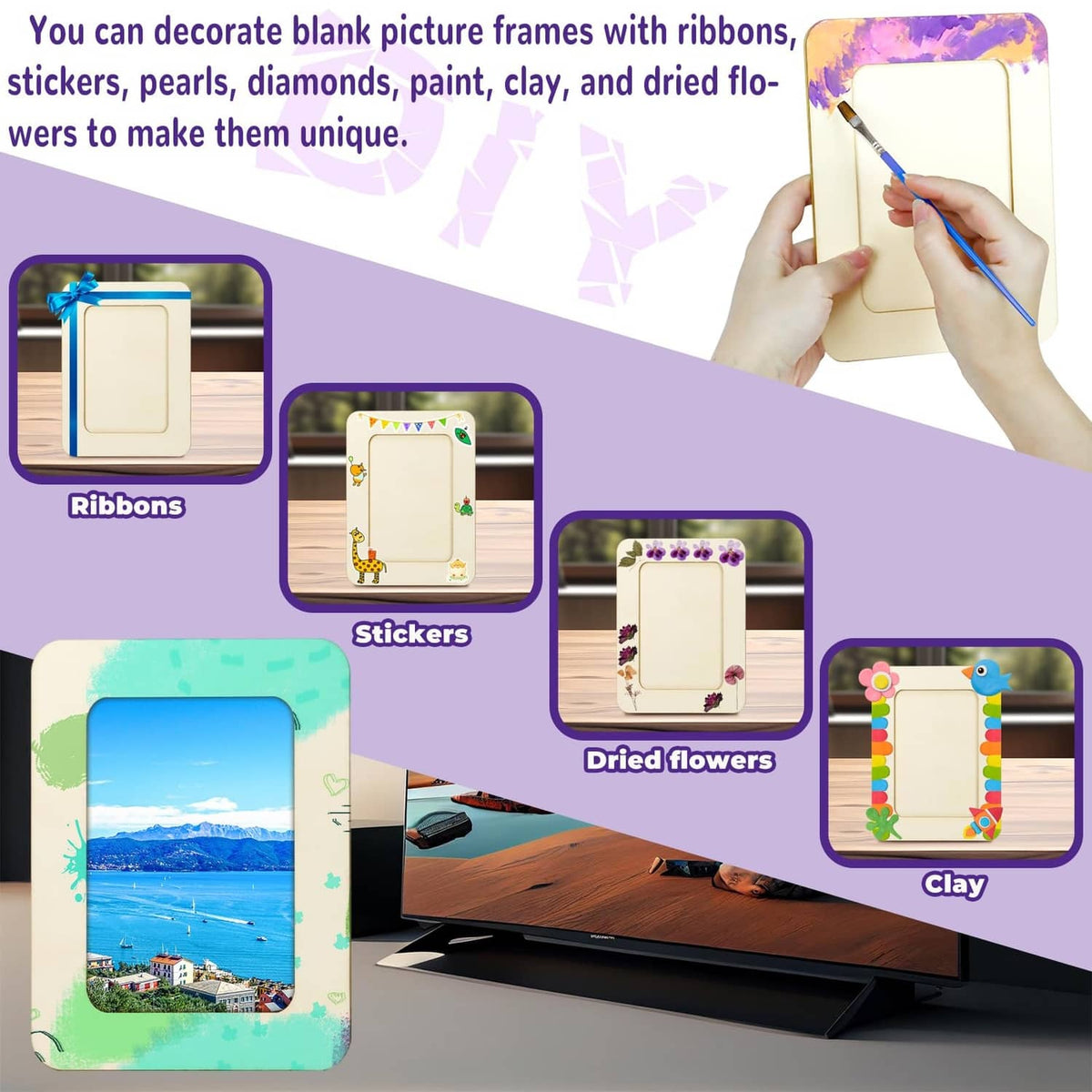 Blank light wood frame for DIY decorating with ribbons, stickers, pearls, or paint