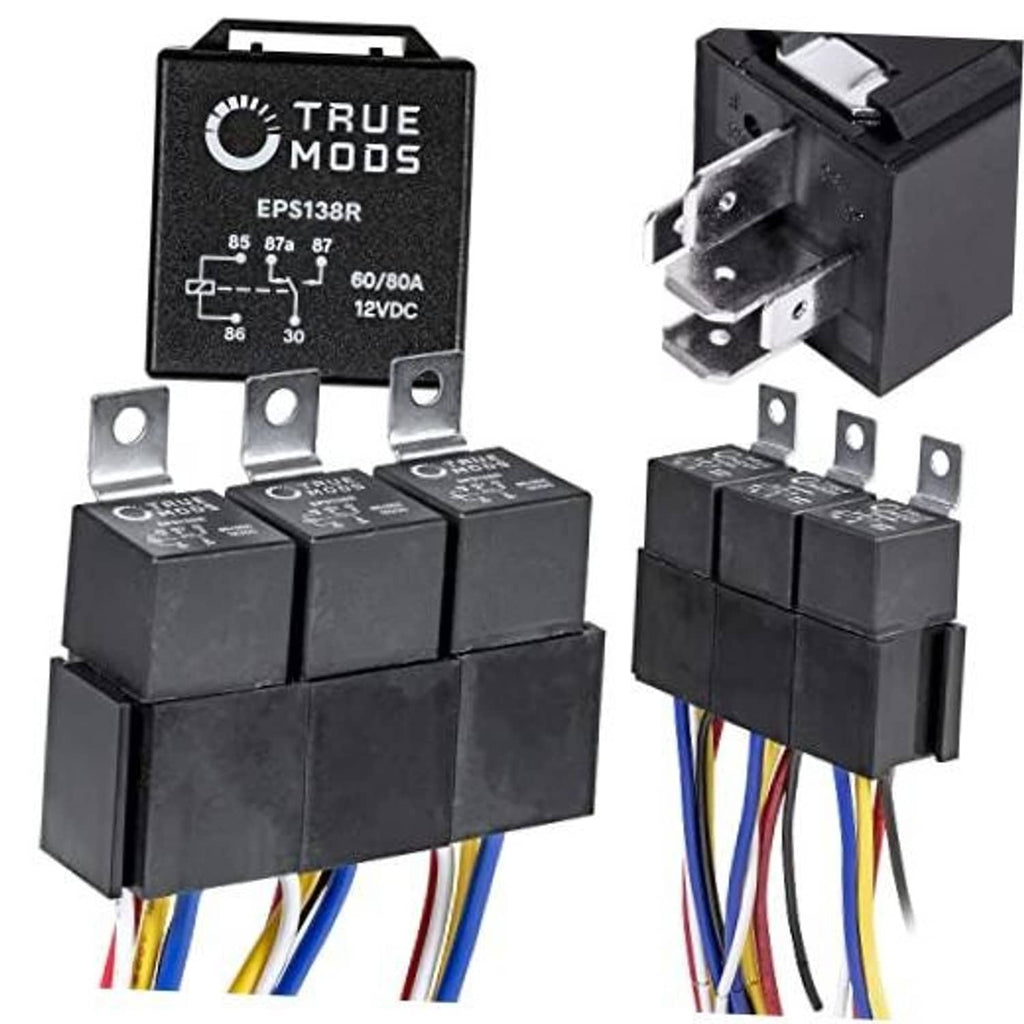 5-pack Bosch-style relay kit with black relays and 5-pin 12V terminals