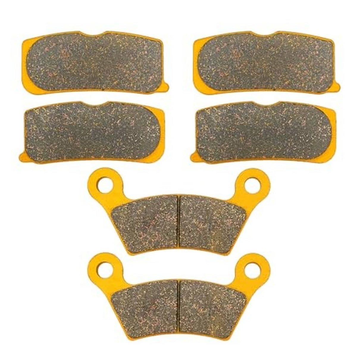 Ceramic brake pads set, four gray friction pads with mounting holes on yellow backing