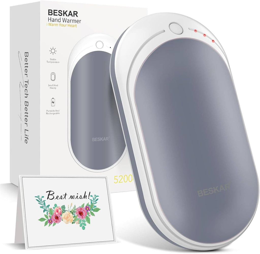 Rechargeable hand warmer set with two white units and dark gray heating pads, box included