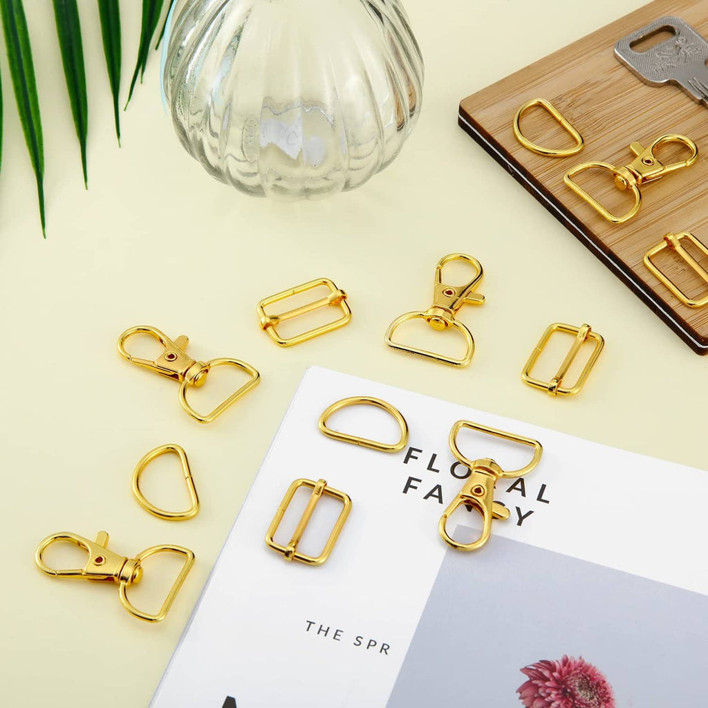 Gold swivel D-ring purse hardware assortments on display cards, multiple sizes