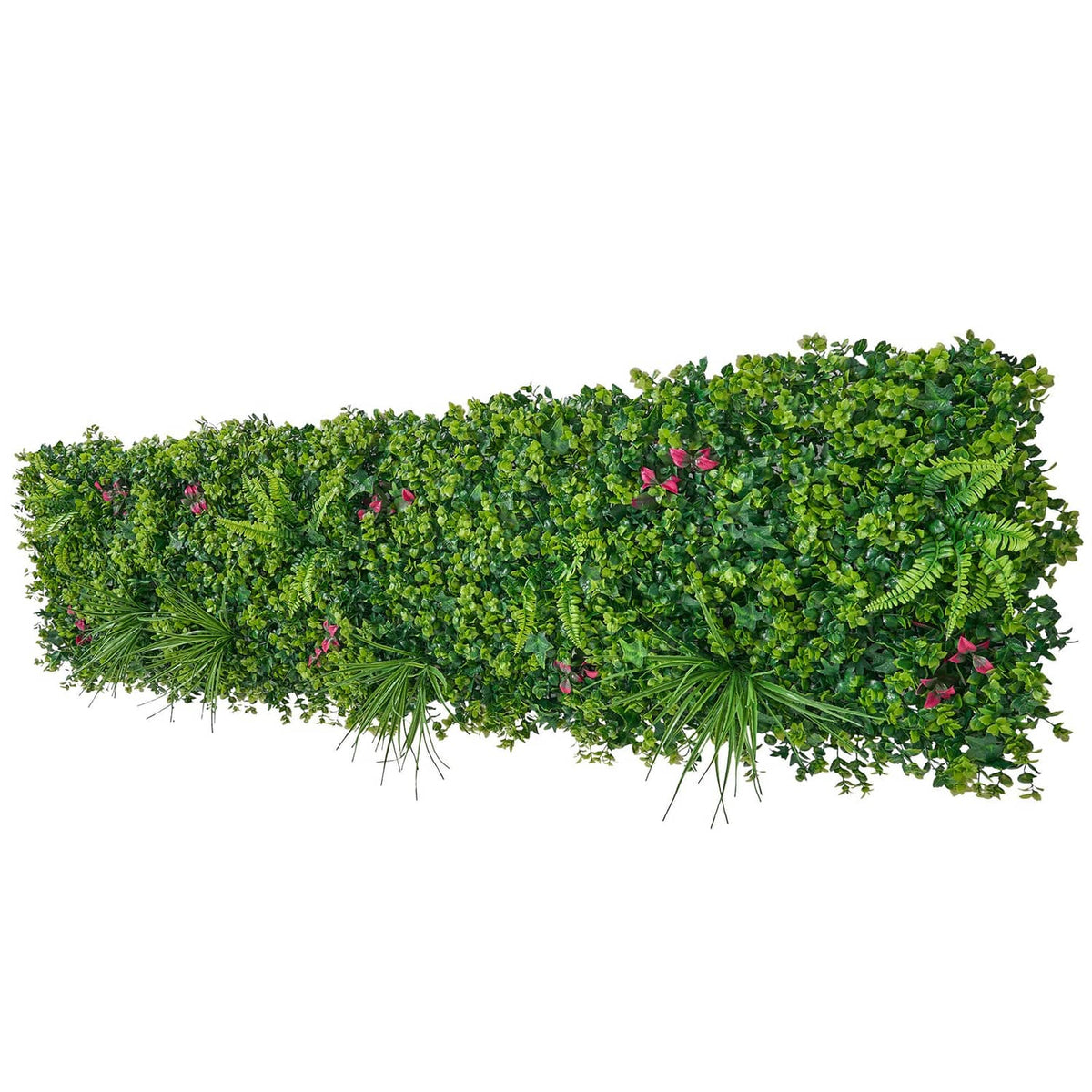 Artificial greenery hedge panel with dense green leaves and small pink flower clusters