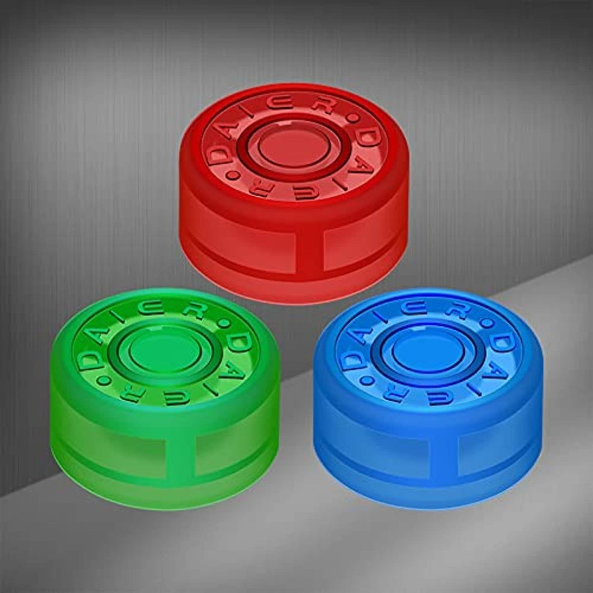 Glow-in-the-dark footswitch topper buttons, red, green, and blue caps