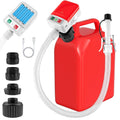 Red automatic fuel transfer pump kit with white hose and black fuel can adapters