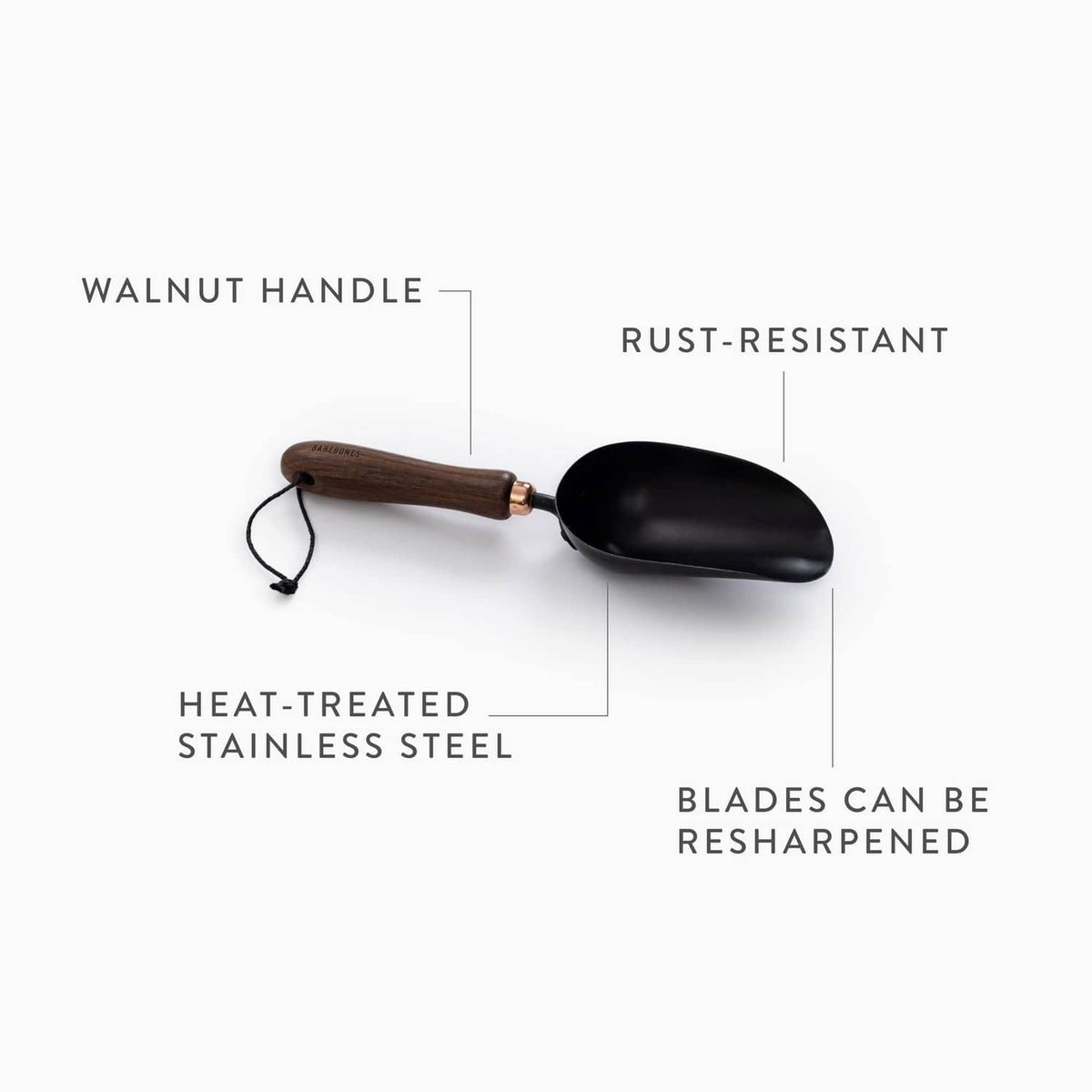 Garden scoop shovel with walnut handle and black stainless scoop