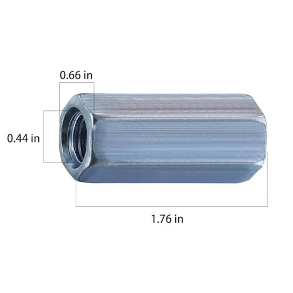 Zinc-plated extended hex rod coupling nut with threaded internal hole and long cylindrical body