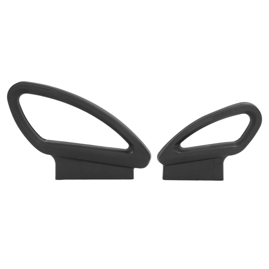 Two black hip restraint side supports with teardrop openings and flat mounting bases.