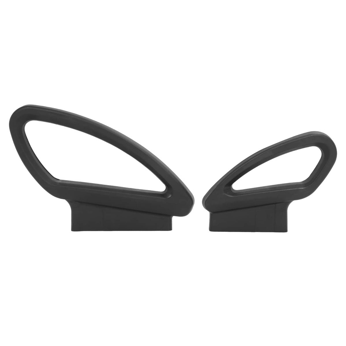 Two black hip restraint side supports with teardrop openings and flat mounting bases.