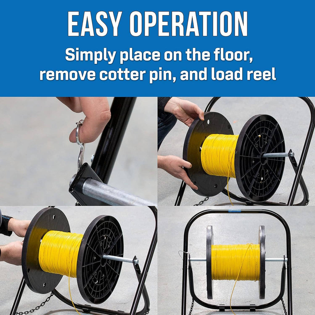 Cable reel caddy with black frame and yellow spool, shown with pull operation