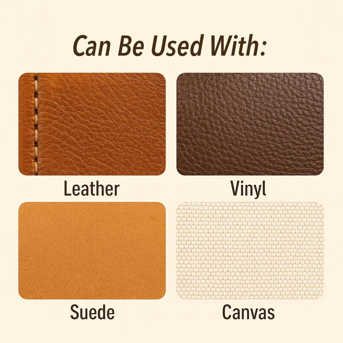 Guide graphic showing waxed thread use for leather, vinyl, suede, and canvas