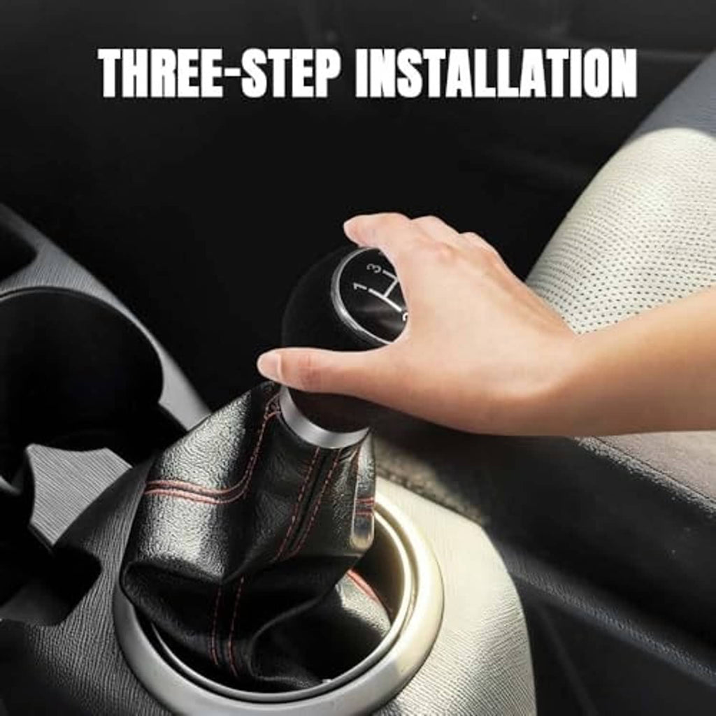 Hand installing black gear shift knob with silver-ring shift dial