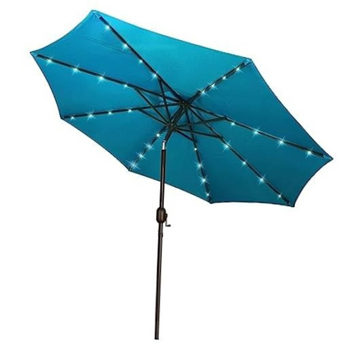 Cerulean patio table umbrella with starry LED lights and central crank pole