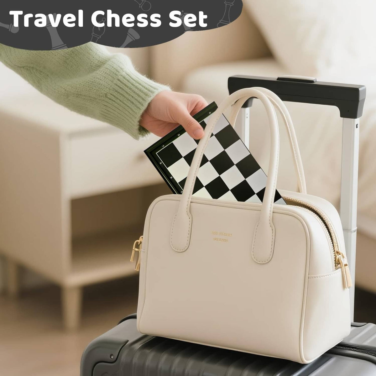 Travel chess set carried in a cream zip bag with a folded black chessboard