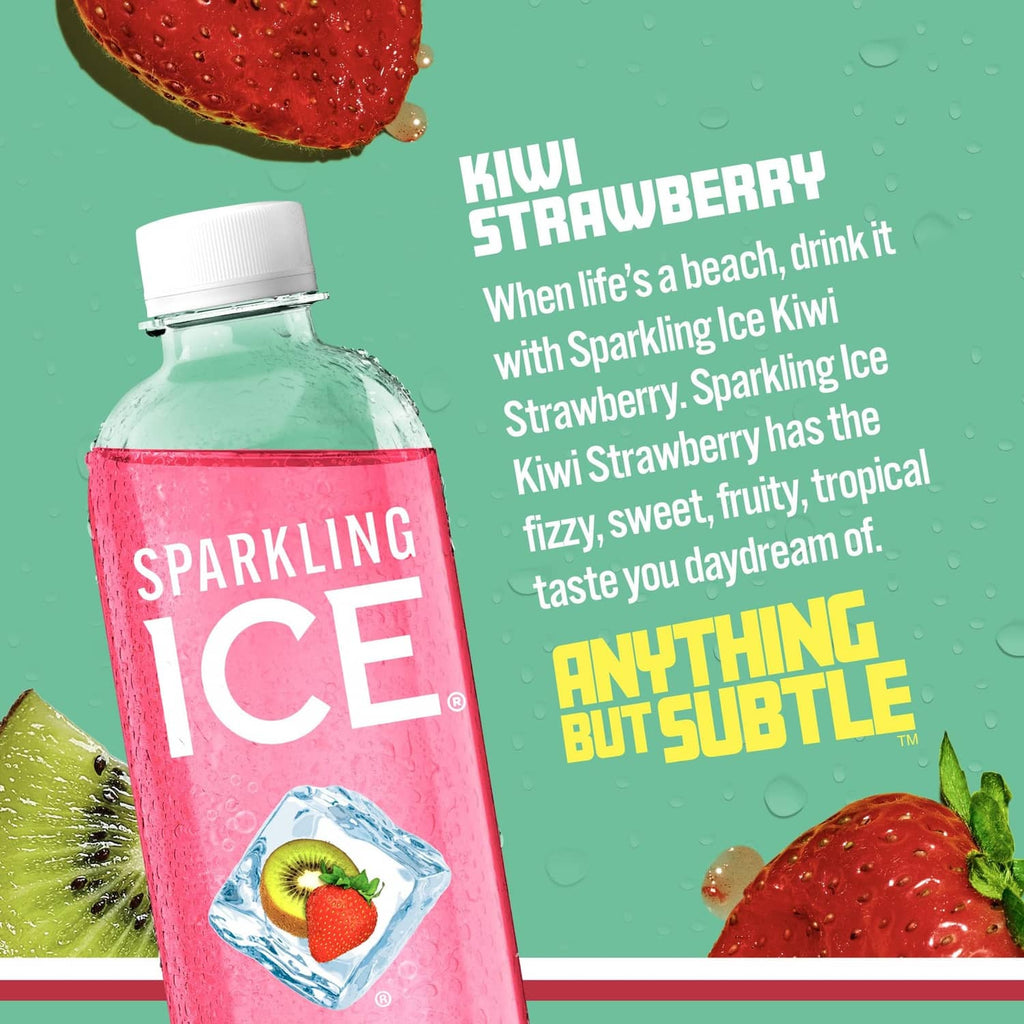 Kiwi strawberry Sparkling Ice bottle, zero sugar flavor, front label view