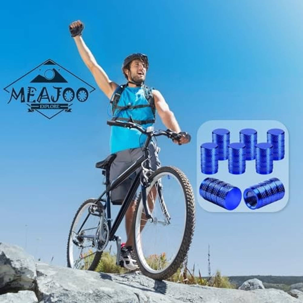 Blue anodized aluminum tire valve stem caps, dust-proof design, knurled diamond texture
