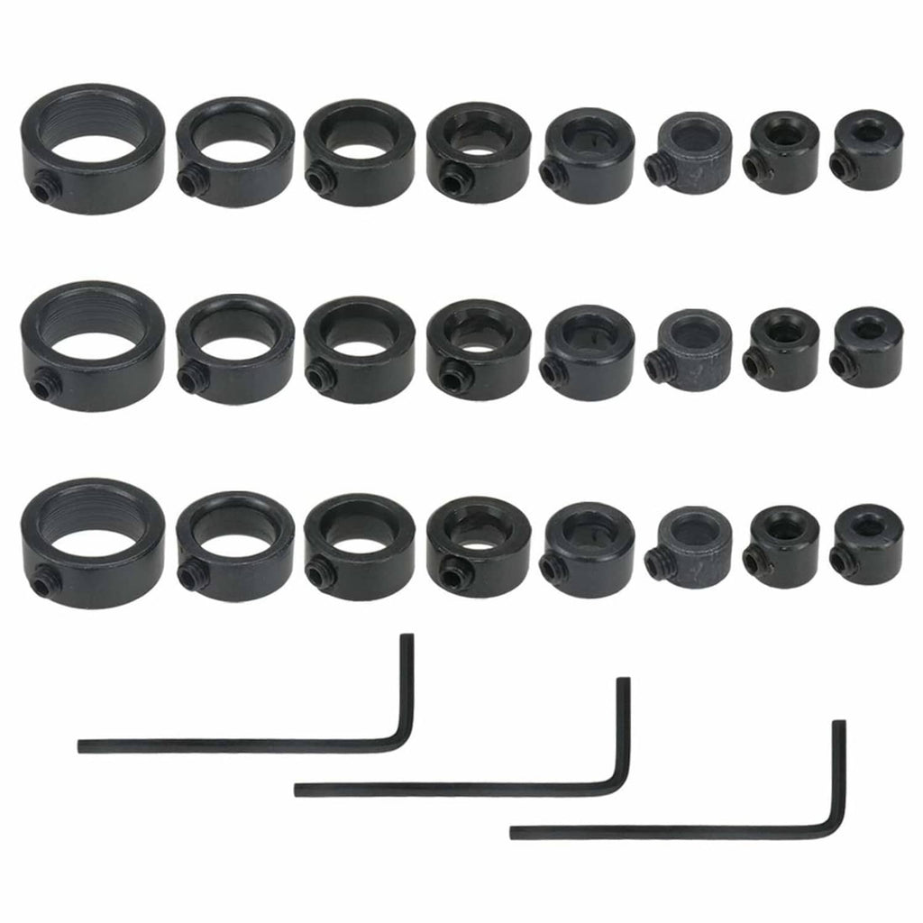 Assorted black drill bit depth stop collars plus hex wrench set