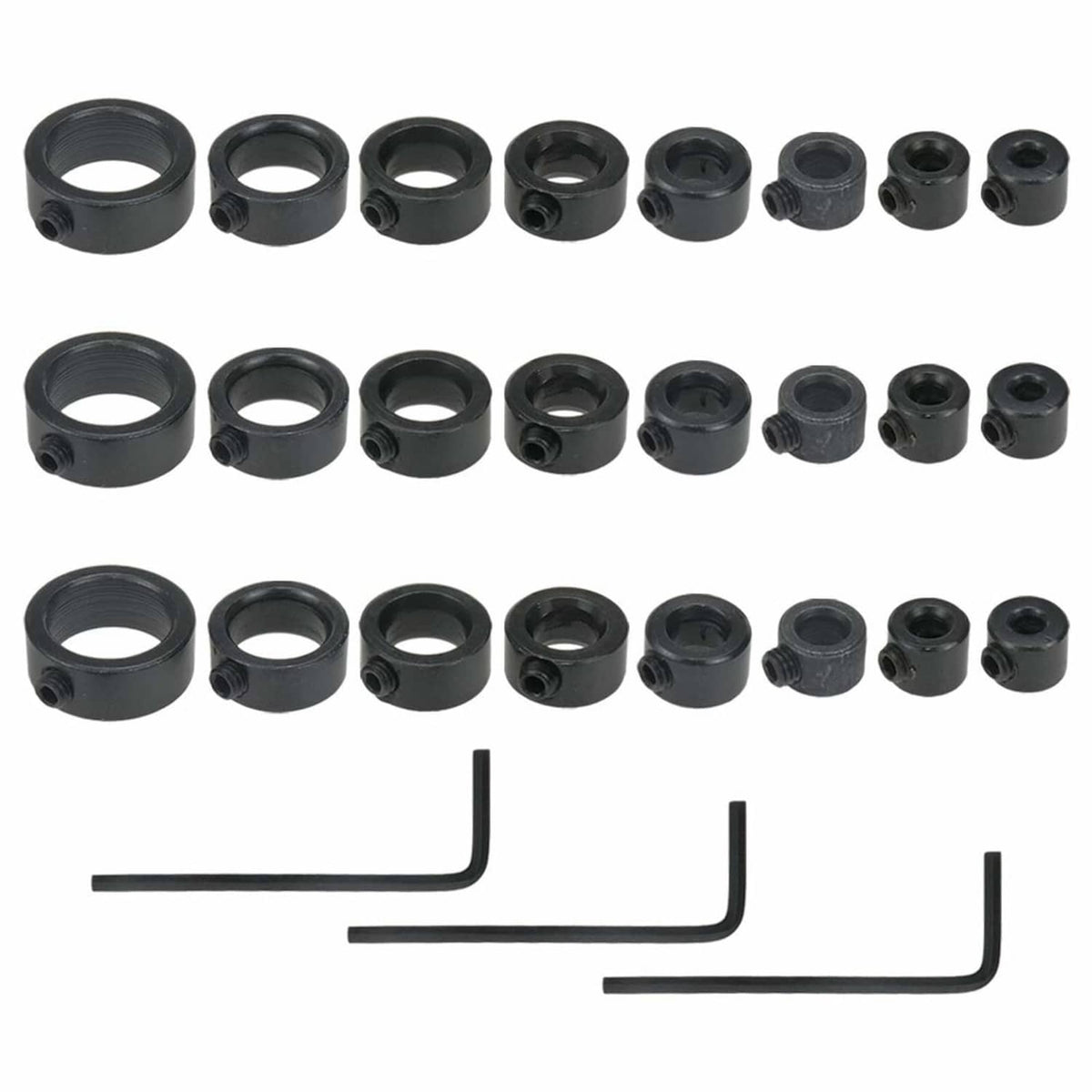 Assorted black drill bit depth stop collars plus hex wrench set