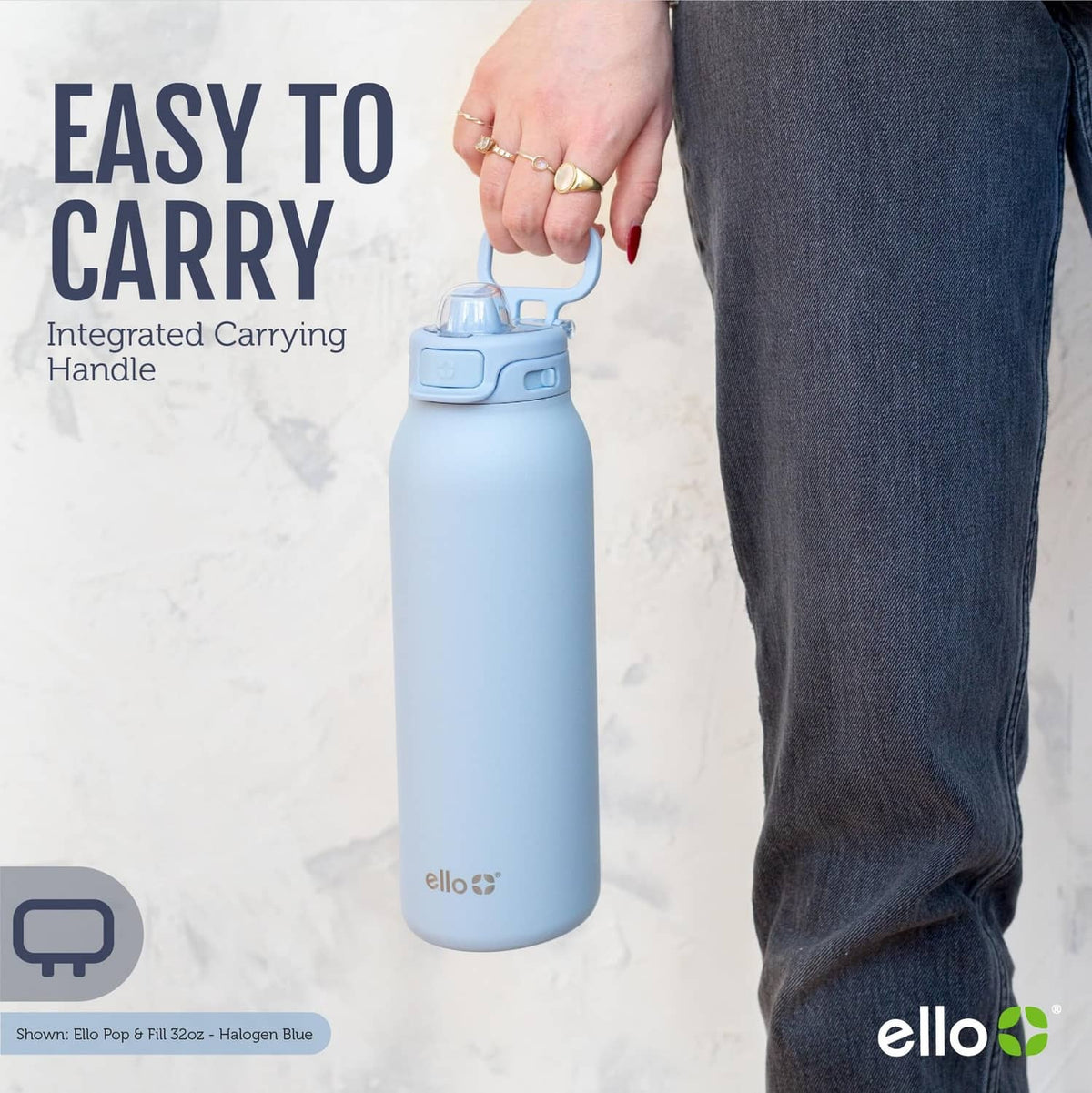 Light blue stainless steel water bottle with integrated carrying handle, upright