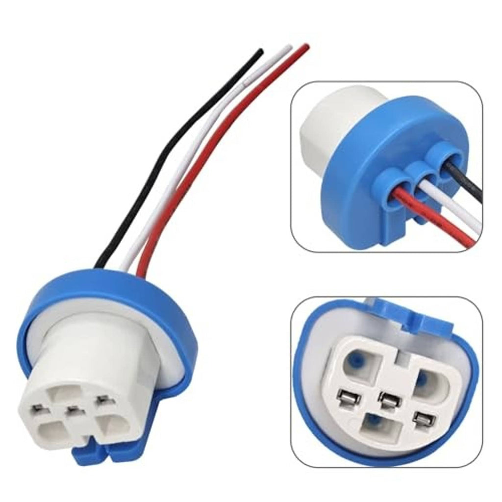 Male headlight plug pigtails with blue ring, white connector housing, and red/black wires