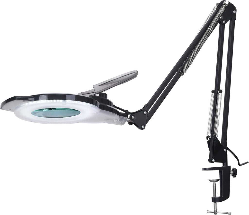 LED magnifying lamp with clamp, angled black arm with round magnifier lens
