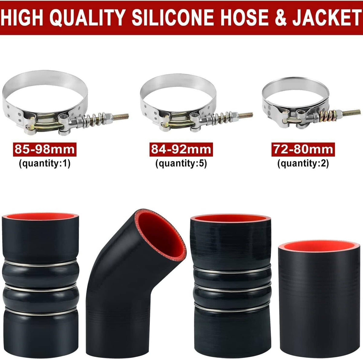 Black silicone intercooler hoses with red inner lining and included silver hose clamps.