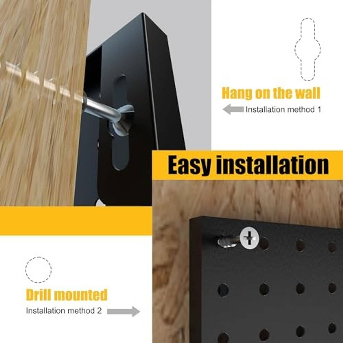 Black metal pegboard panel with hooks, shown drill-mounted for wall installation