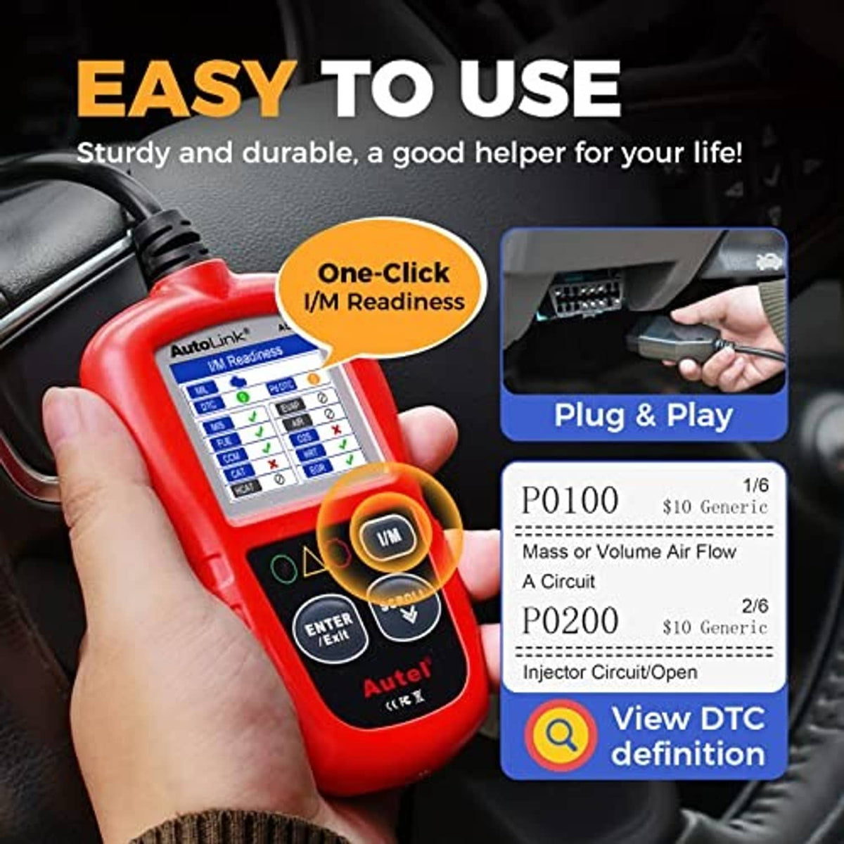 Red OBD2 scanner held in hand, with LCD screen, buttons, and OBD cable plugged in
