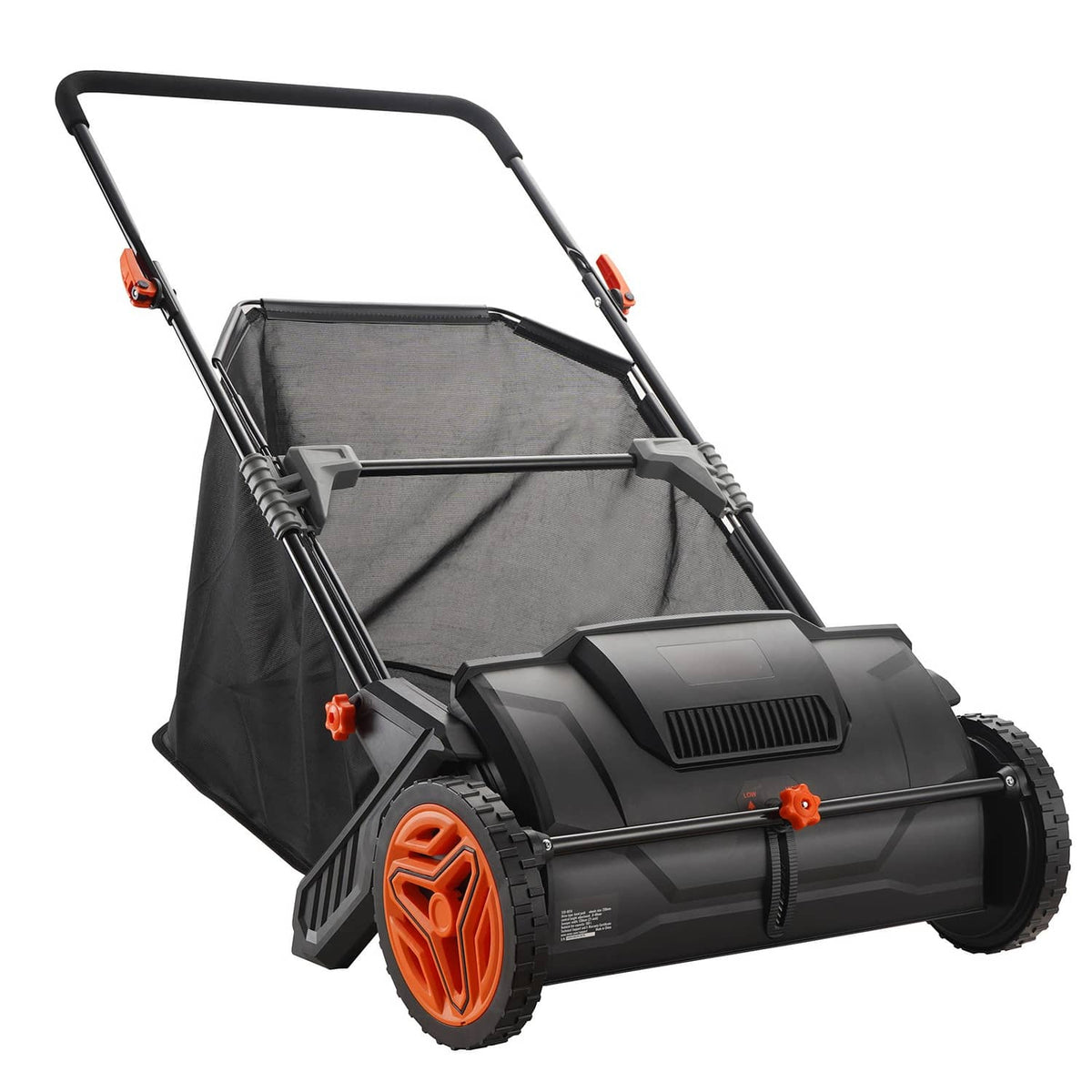 21-inch lawn leaf sweeper with black collection bag and adjustable handle