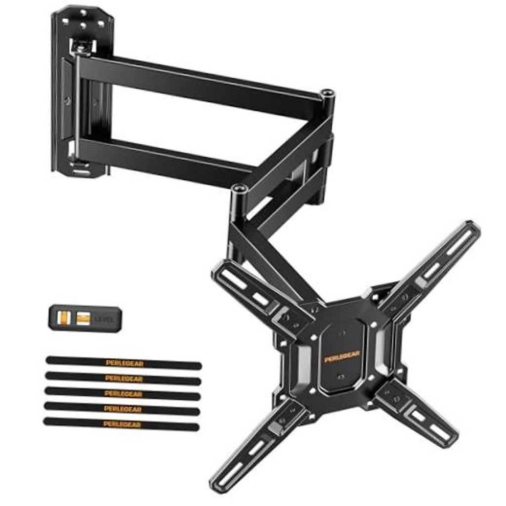 Black corner TV wall mount with long extendable arms and pivoting bracket plate