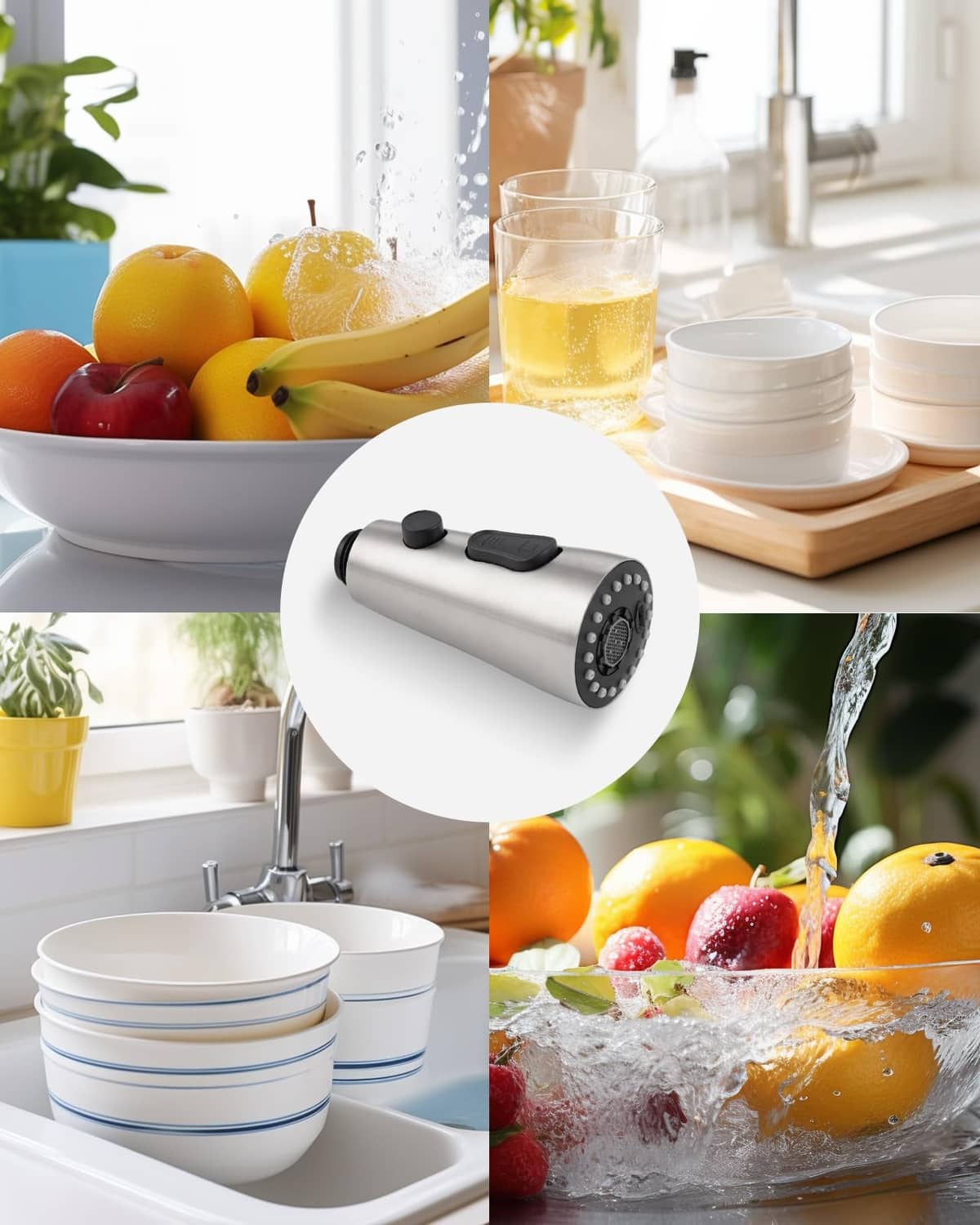 Brushed nickel pull-down sprayer head for rinsing dishes with removable jet nozzles