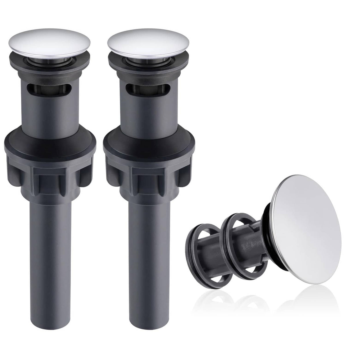 Two-pack universal sink drain with overflow, chrome stopper and matte black body
