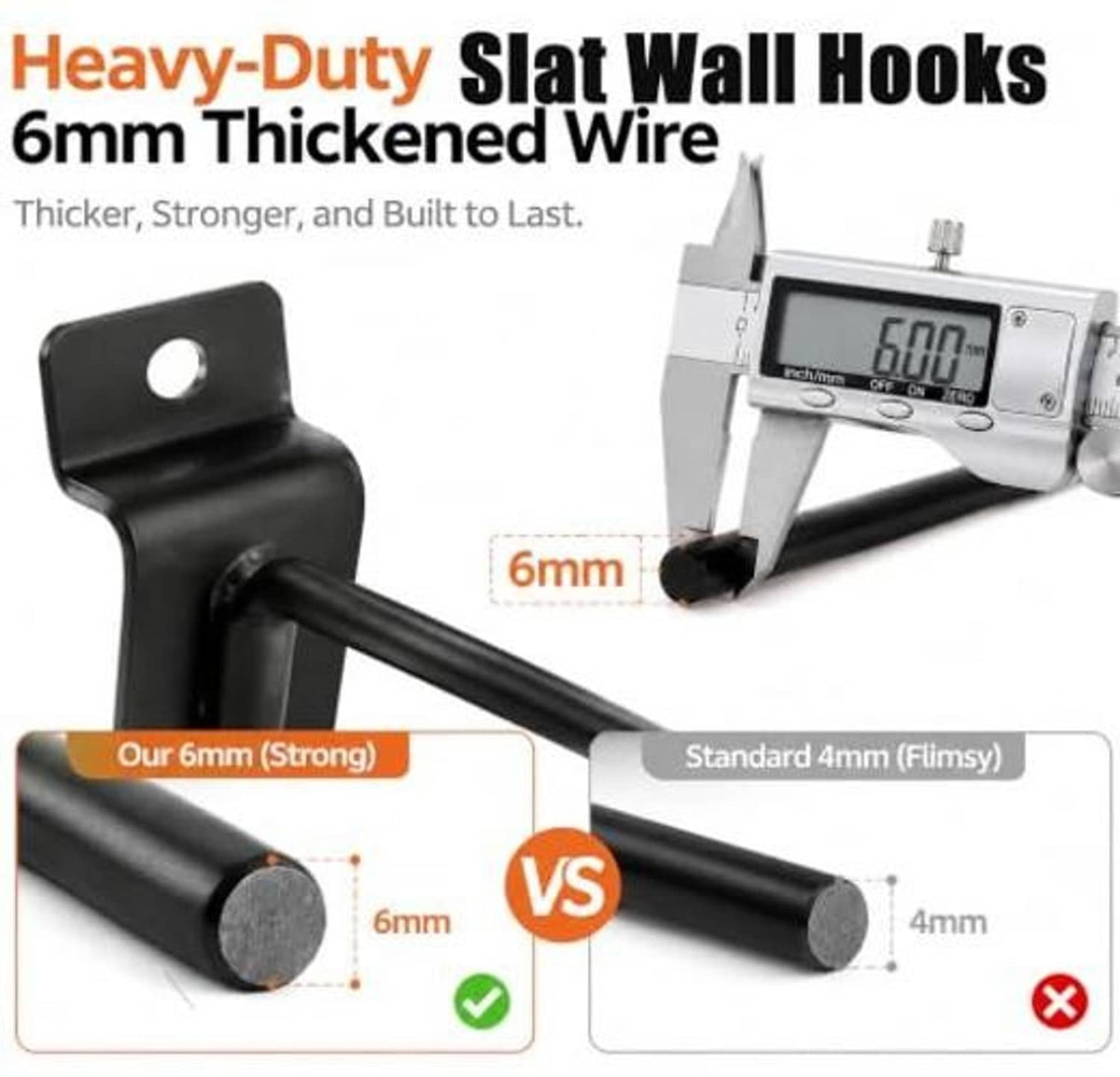 Black 6mm thickened wire slatwall hook, shown with thickness measurement