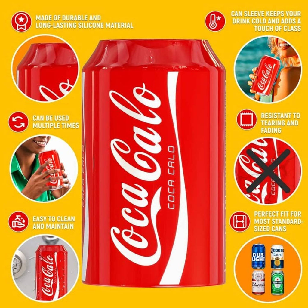 Red silicone can sleeve with white Coca-Cola logo, illustrated feature badges
