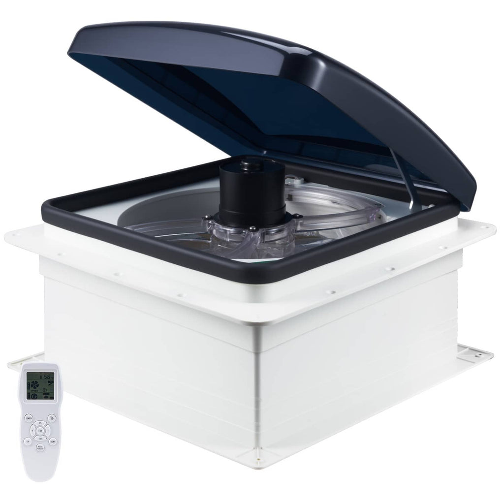 RV roof vent fan with open lid and visible fan blades; remote control shown.
