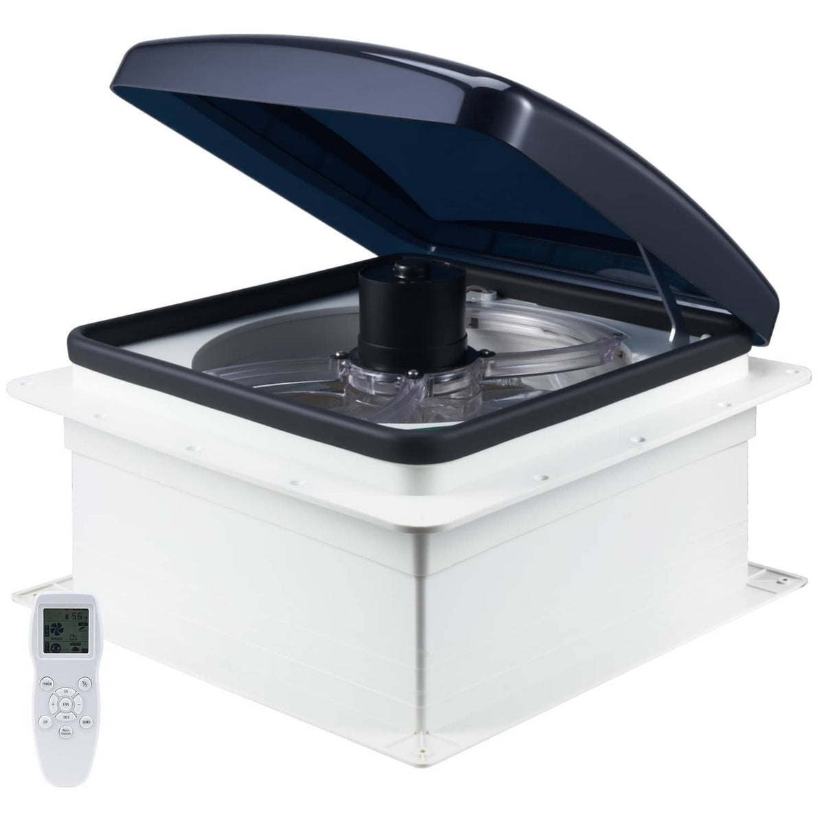 RV roof vent fan with open lid and visible fan blades; remote control shown.