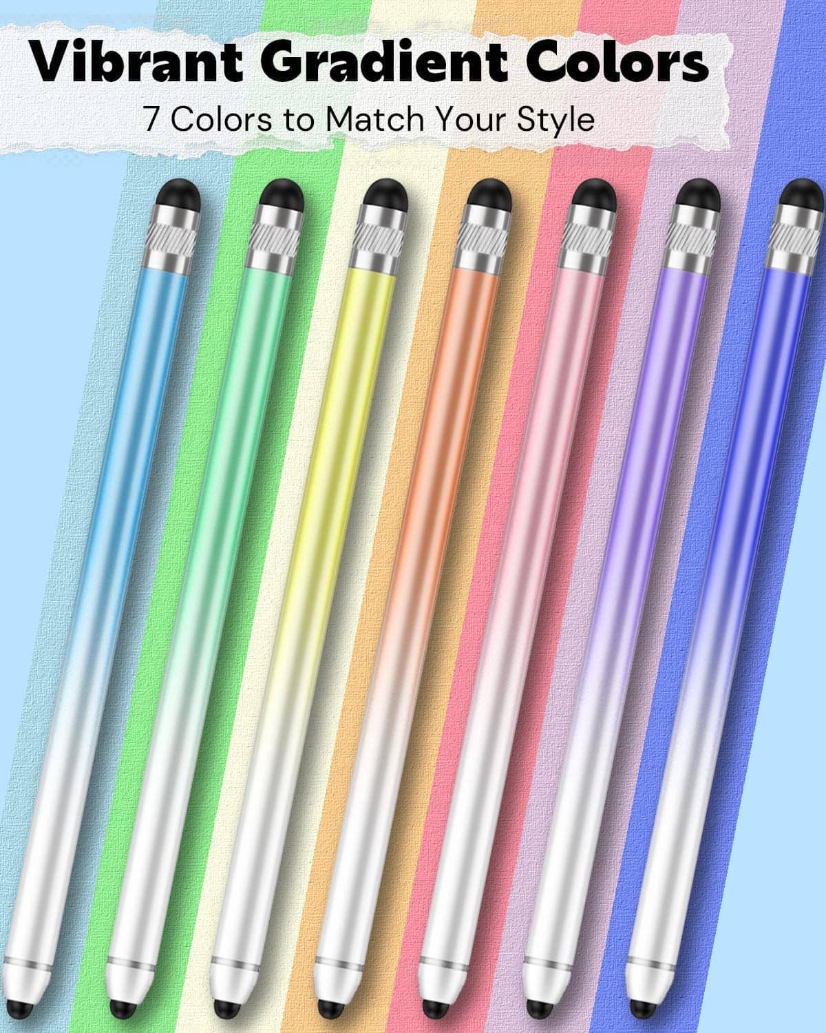 Set of seven gradient capacitive stylus pens with silver barrels and black tips.