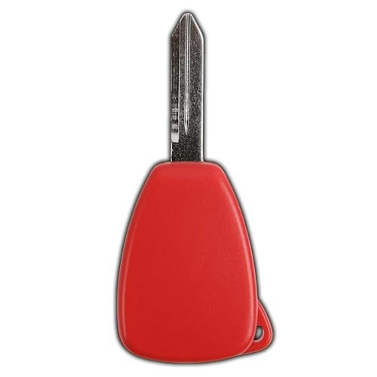 Red key fob case with metal key blade, rounded back view
