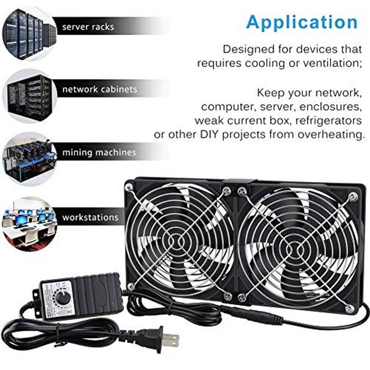 Dual 120mm DC cooling fans with mounting frame and power adapter for electronics enclosures