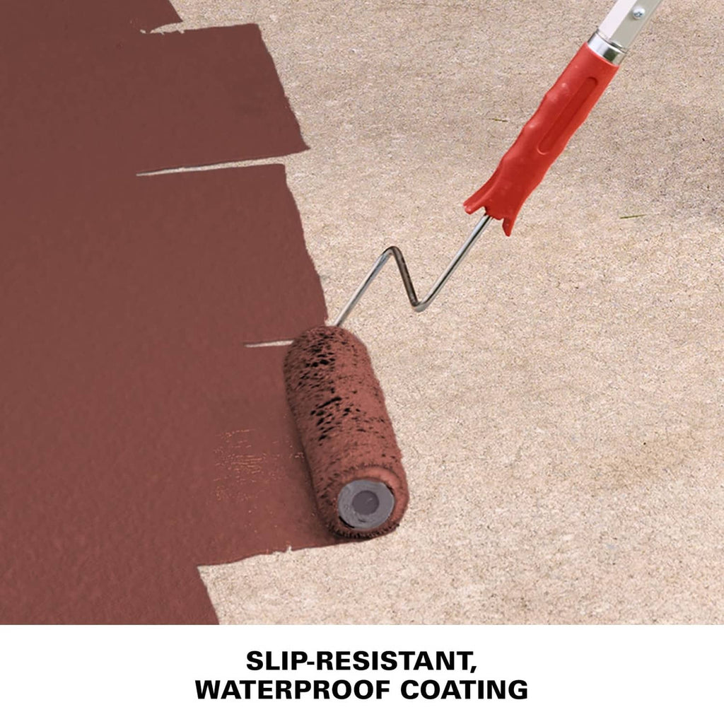 Paint roller applying reddish-brown coating to concrete surface with primer tray