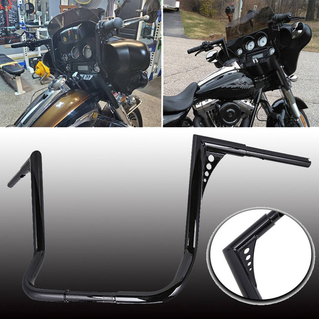 Black handlebar kit on a motorcycle, with mounting plate hole close-up