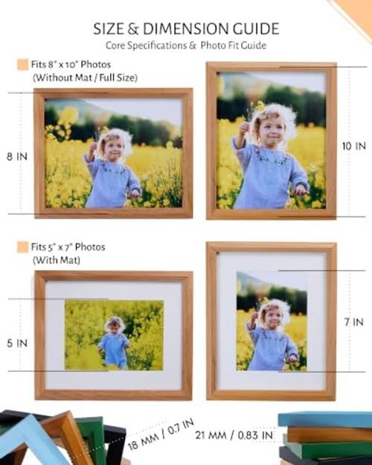 Light wood picture frames displaying child photos, one with mat and one without