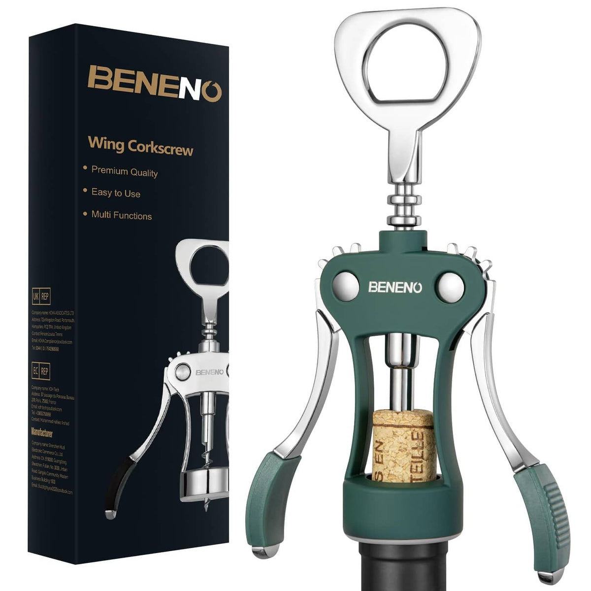 Dark green wing corkscrew bottle opener with chrome wings and handle grips