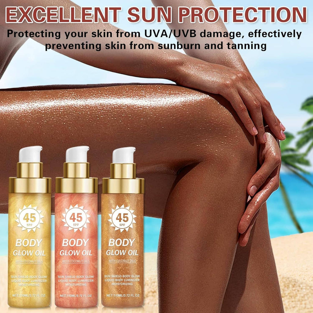 Set of SPF 45 body glow oil bottles with shimmering golden glow on skin.