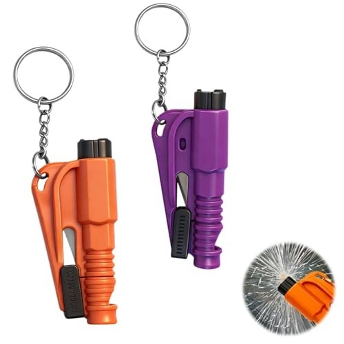Orange and purple 3-in-1 car escape tool keychains with metal key rings